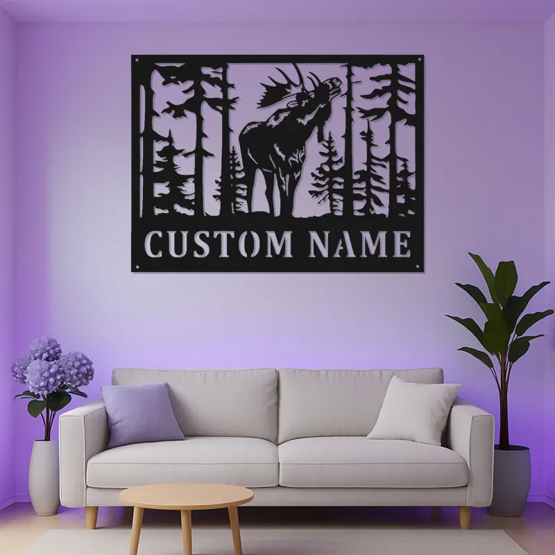 Decorazione murale in metallo personalizzata con alce maschio | Insegna da baita illuminata LED | Arredo rustico da bosco | Regalo personalizzato