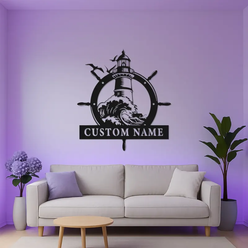 Insegna in Metallo Personalizzata con Faro | Arte Nautica da Parete con LED | Decorazione per Casa Costiera e Regalo per Casa al Mare