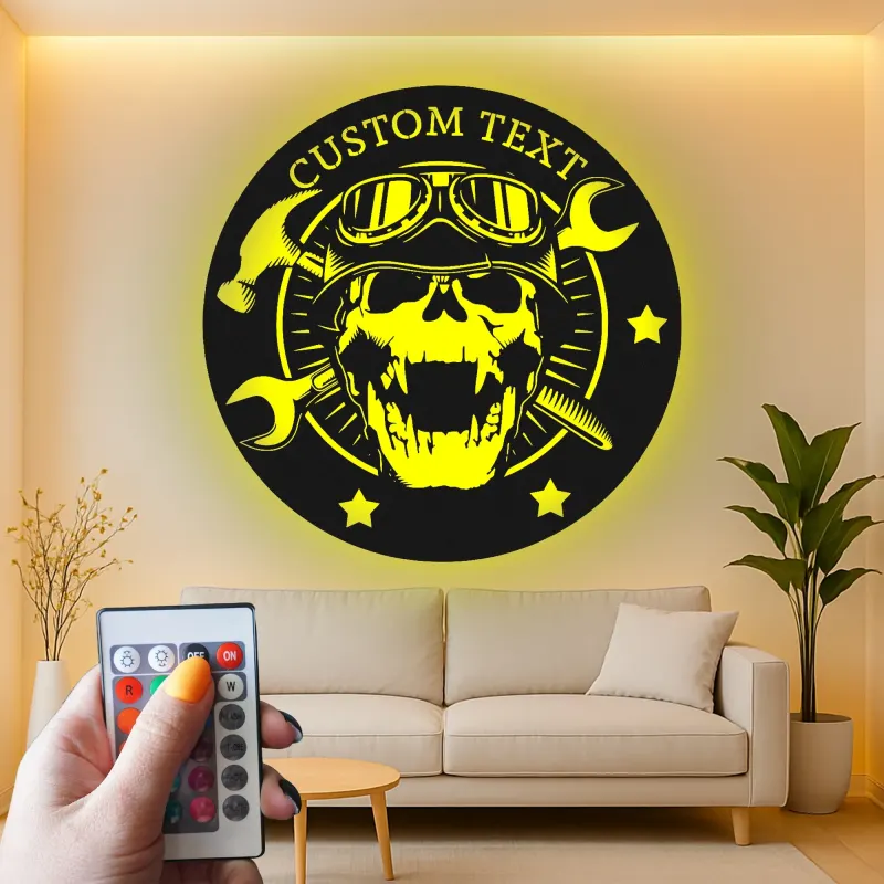Individuelles Garagenschild mit LED | Personalisiertes Mechaniker Skull Metall Wandkunst | Vintage Biker Dekor für Werkstatt oder Man Cave