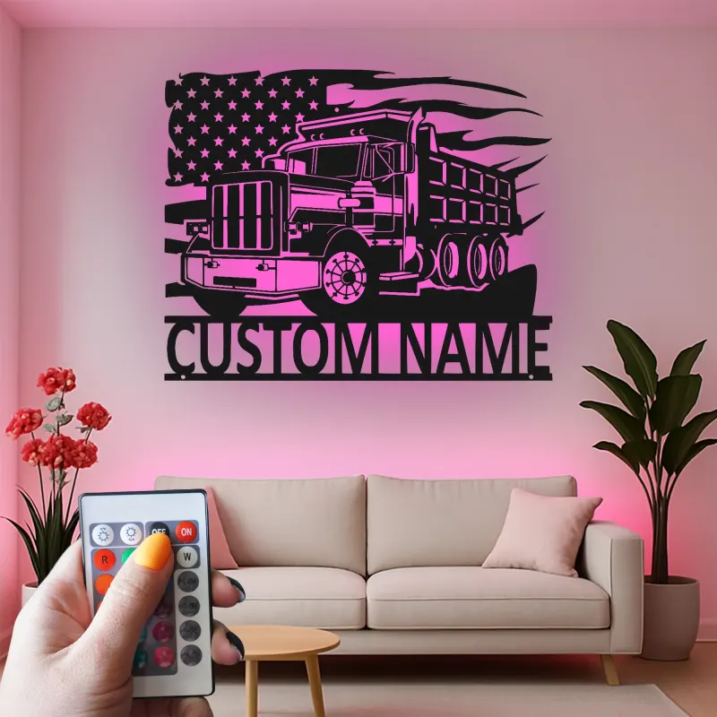 Custom Truck Led Light Metal Wall Art Personalized Gift for Truckers Garage or Man Cave Decor