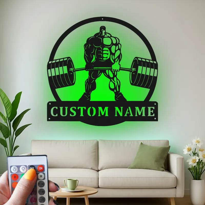 Insegna in metallo personalizzata con luce LED Bodybuilder Weightlifting regalo per appassionati di palestra decorazione per palestra