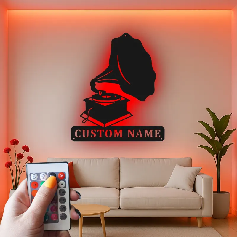 Arte Murale in Metallo con Gramofono Personalizzato | Decorazione Musicale Illuminata a LED | Insegna con Nome Personalizzato per Studio o Soggiorno