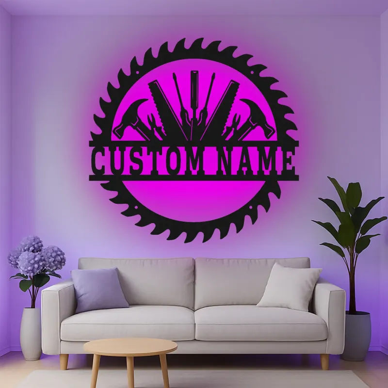 Custom Workshop Tools Led Light Metal Wall Art Personalized Gift for Handyman Garage Decor for Tool Lovers