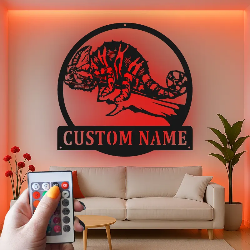 Insegna in metallo LED personalizzata a forma di camaleonte - Regalo unico per amanti dei rettili, decorazione per camera da letto o ufficio