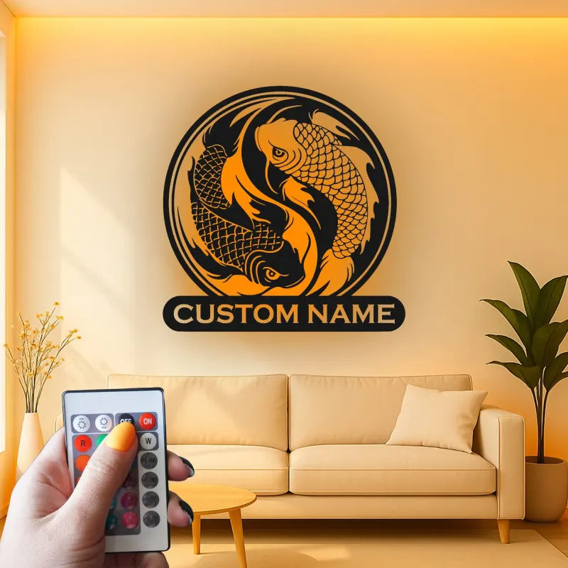 Cartel de metal de peces Koi Yin Yang | Arte mural LED personalizado | Decoración japonesa zen personalizada para sala de meditación y estudio