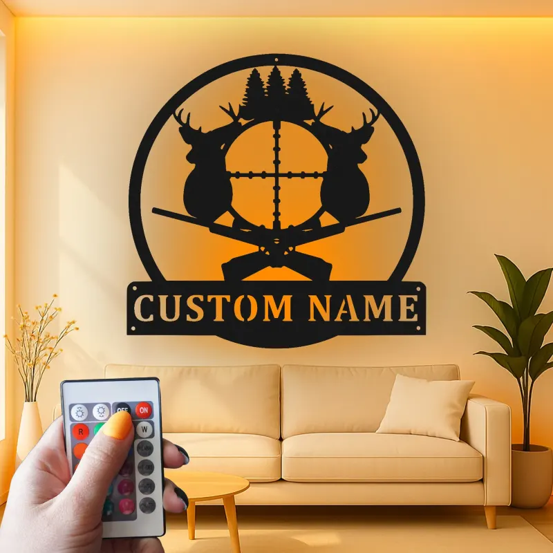 Décoration murale en métal personnalisée pour la chasse au cerf avec rétroéclairage LED, cadeau personnalisé pour les chasseurs, décoration de cabane rustique 1