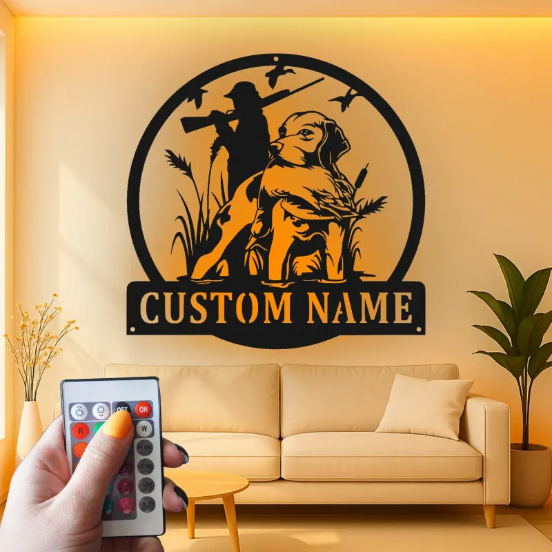 Custom Hunting Dog LED Metal Wall Art | Personalized Labrador Retriever Sign | Hunter Gift for Man Cave Decor | Duck Hunting Silhouette