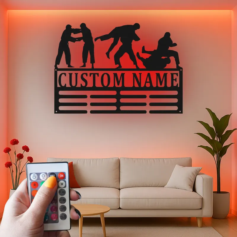 Custom Brazilian Jiu-Jitsu Led Light Metal Wall Art, Personalized Martial Arts Grappling Decor, BJJ Gift for Athletes Gym Room