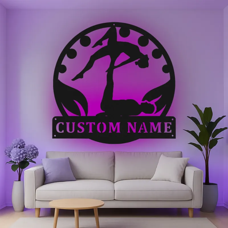 Décoration murale en métal LED personnalisée pour couple de yoga acrobatique - Cadeau unique pour les amoureux du yoga - Décor de chambre ou de studio