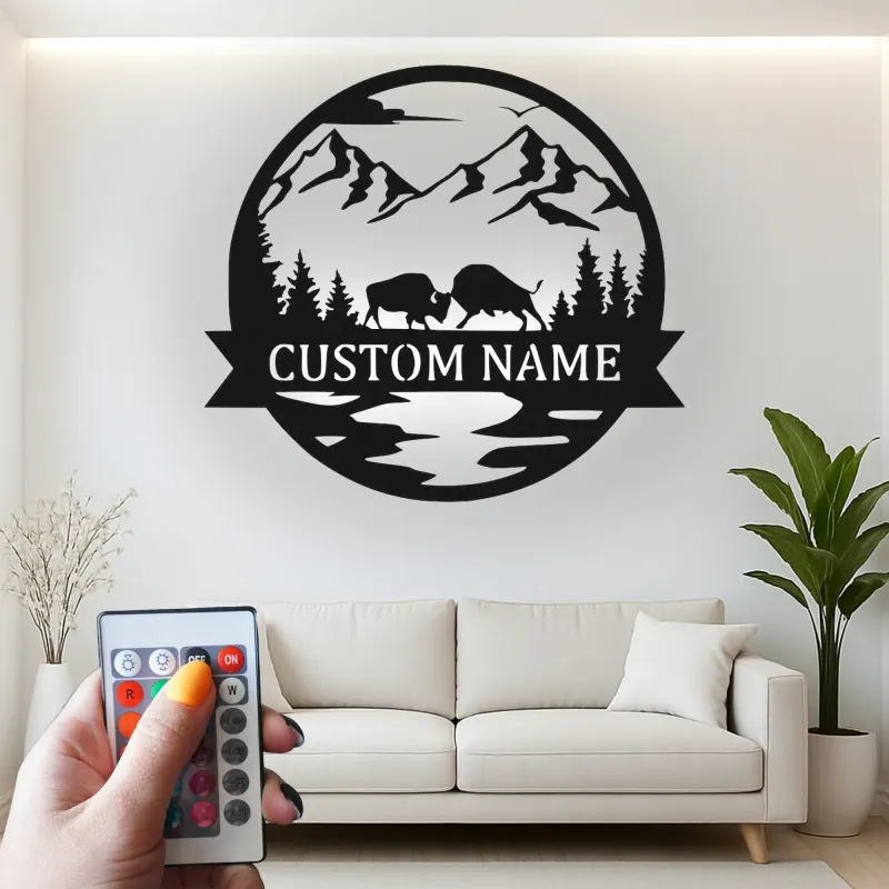 Cartel de metal personalizado con escena de montaña y bisonte iluminado LED, regalo para amantes de la naturaleza, decoración para cabañas o lodges