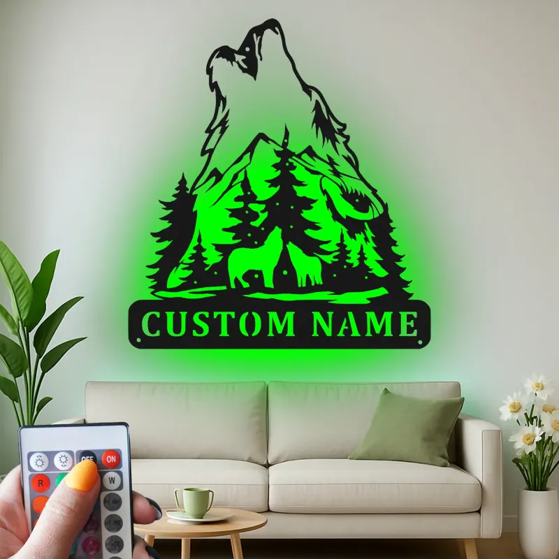 Custom Howling Wolf Led Light Metal Wall Art Personalized Gift for Nature Lovers Cabin Decor
