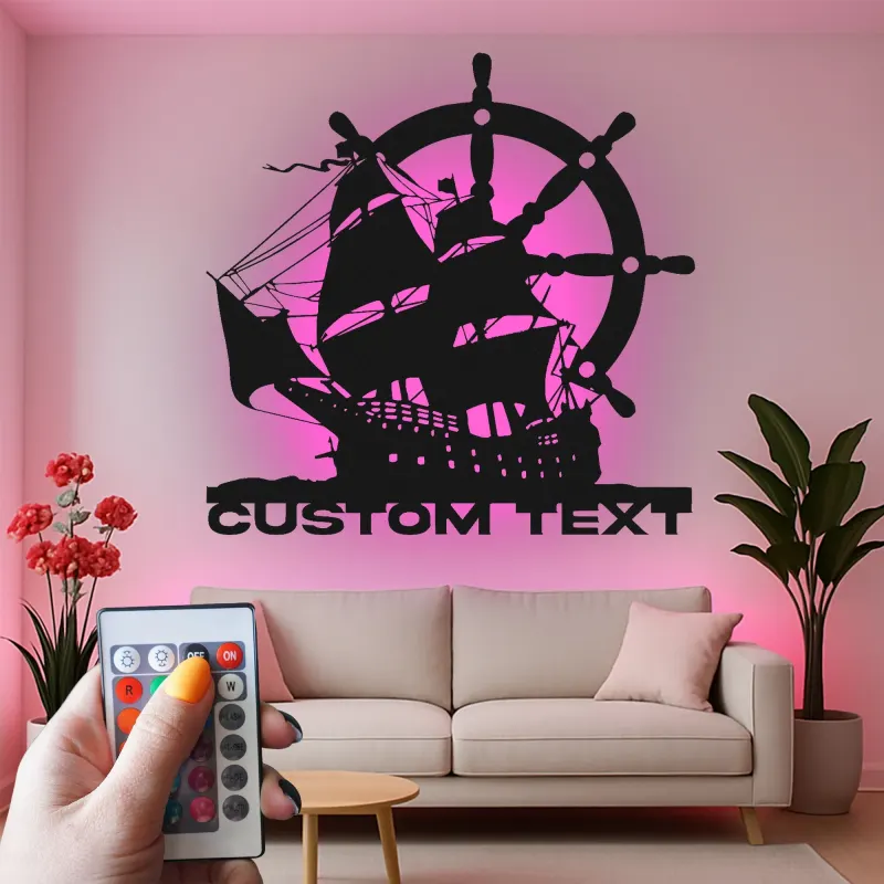 Pirate Ship LED Metal Wall Art | Custom Nautical Sign for Man Cave | Personalized Sailing Vessel Silhouette | Captain's Office Decor