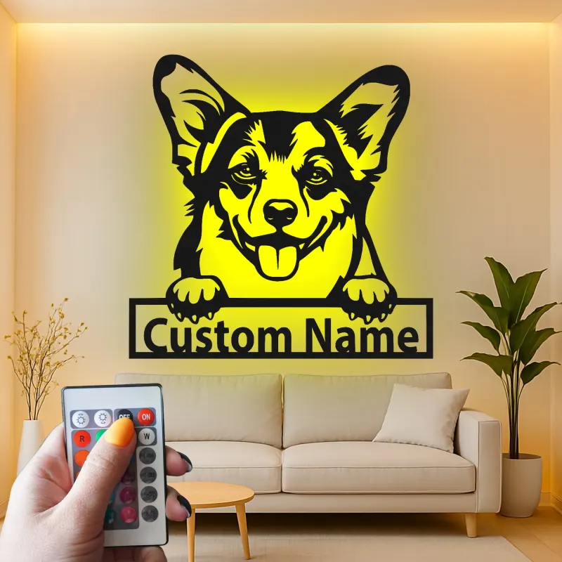 Décoration murale en métal LED personnalisée Corgi - Cadeau pour amoureux des chiens - Décor pour salon