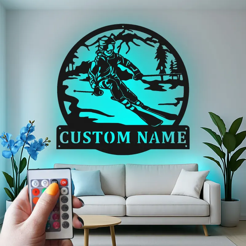 Personalisierte LED Metall-Wandkunst mit Skifahrer | Individuelles Ski-Hütten-Schild | Geschenk für Wintersportler | Alpen-Cabin-Dekor