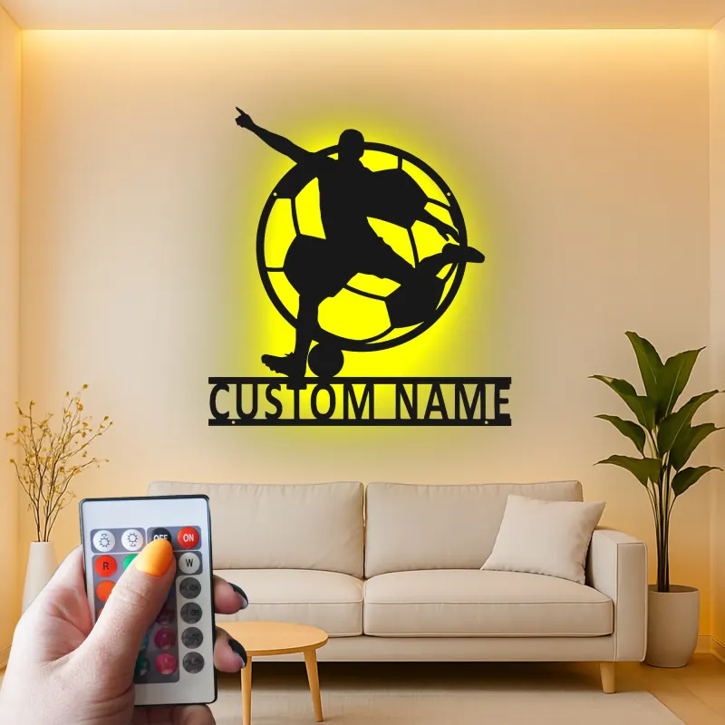 Cartel LED de Jugador de Fútbol Personalizado | Decoración Mural de Metal Personalizada | Decoración para Habitaciones de Atletas y Regalo para Niños | Placa de Nombre Iluminada para Bar Deportivo