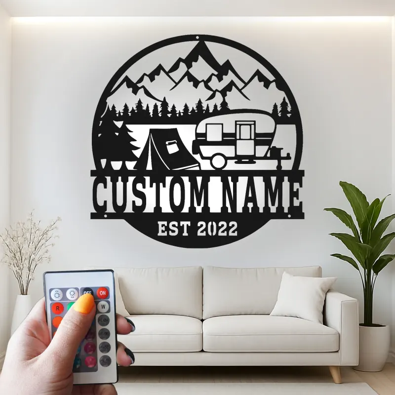 Cartel de metal LED con camper y tienda personalizado, regalo de aventura al aire libre para decoración de cabaña o RV