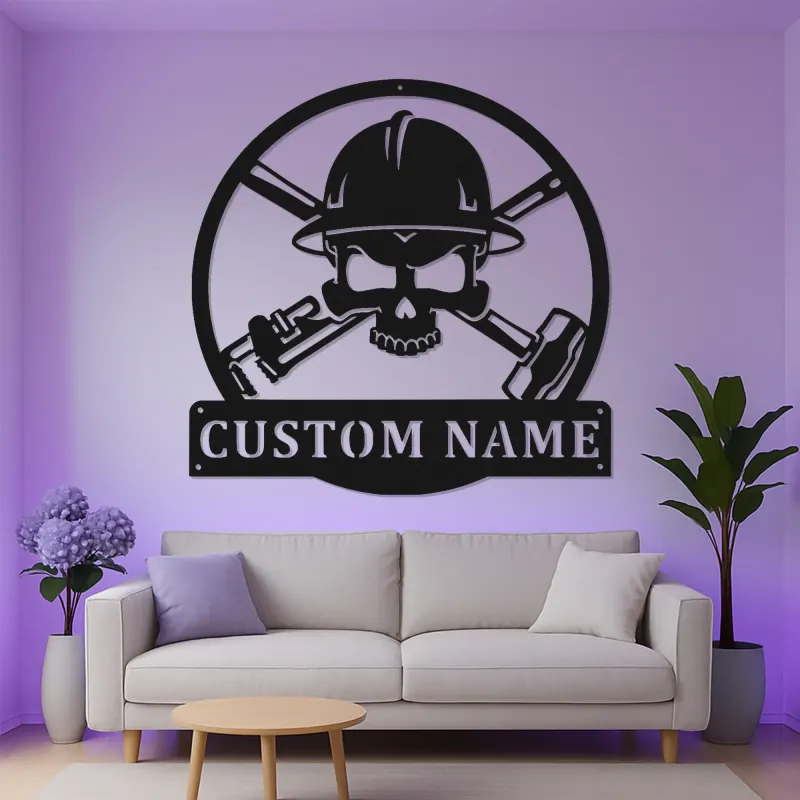 Panneau en métal personnalisé de travailleur de la construction | Art mural LED de crâne pour man cave | Cadeau personnalisé pour constructeur avec casque de sécurité et outils croisés