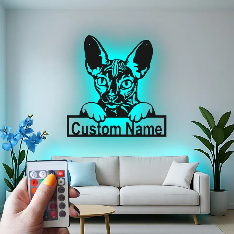 Insegna Personalizzata per Gatto Sphynx | Arte in Metallo LED da Parete Personalizzata | Regalo per Amanti dei Gatti Senza Pelo | Decorazione Moderna per Casa e Clinica Veterinaria