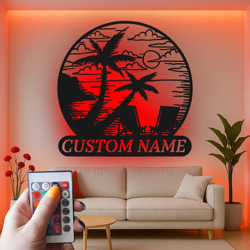 Décoration murale en métal personnalisée coucher de soleil sur la plage avec rétroéclairage LED cadeau côtier pour couples décoration de salon ou patio
