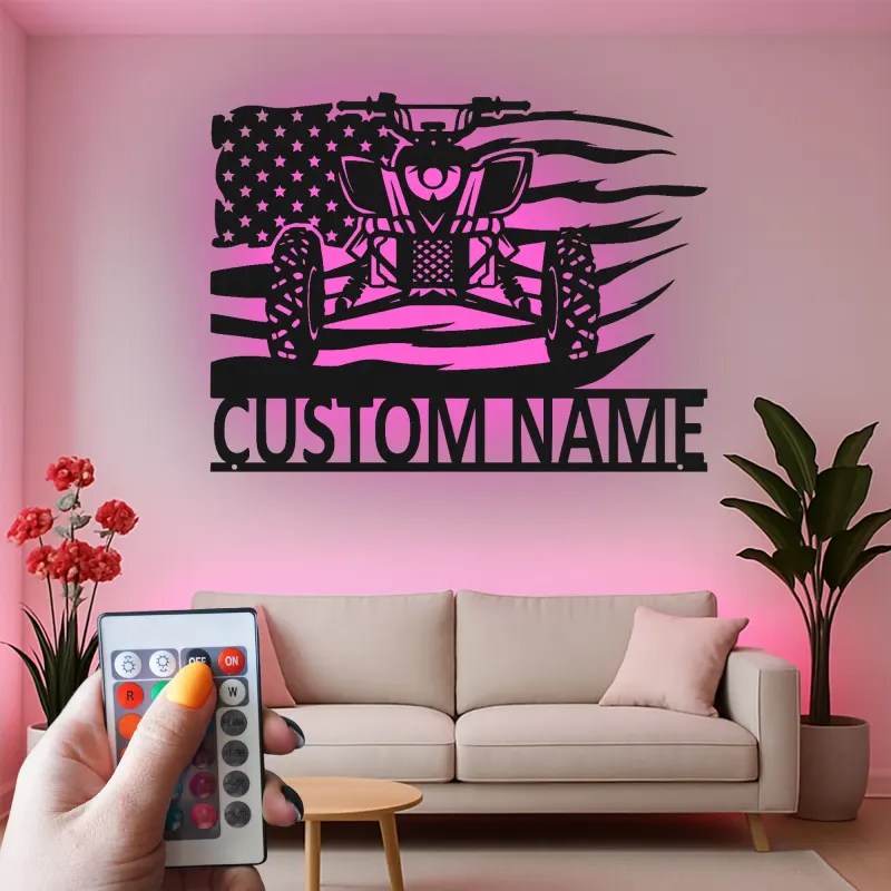 Cartel de metal personalizado con luz LED de quad para ATV, regalo personalizado para entusiastas del aire libre, decoración para garaje o man cave