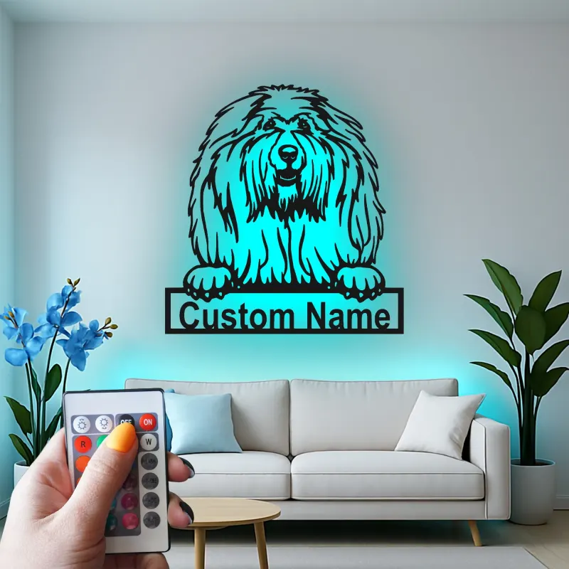 Cartel LED de Old English Sheepdog | Decoración mural de metal personalizada | Regalo personalizado para amantes de los perros con nombre