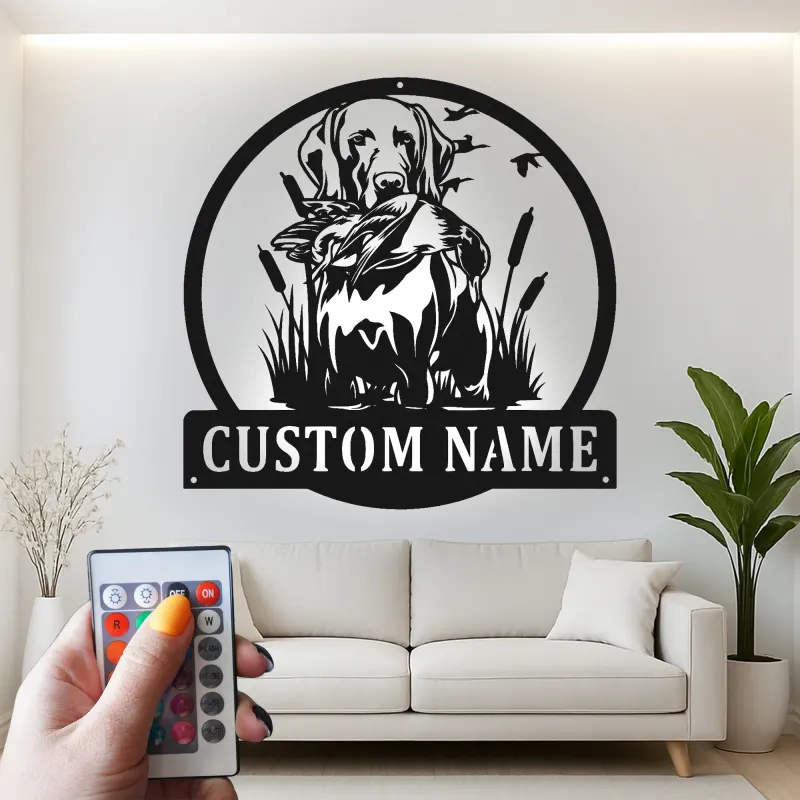 Panneau personnalisé de chien de chasse Labrador | Décoration murale en métal LED personnalisée | Cadeau de chasseur et décor de faune extérieure
