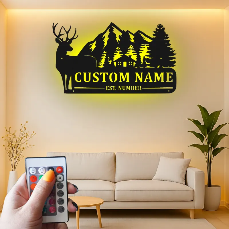 Personalisierte Hirsch-Mountain-Szene LED-Metall-Wandkunst – rustikales Geschenk für die Hütte