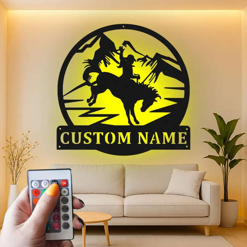 Arte murale in metallo Rodeo Cowboy | Insegna personalizzata con LED | Decorazioni rustiche western per ranch e casa