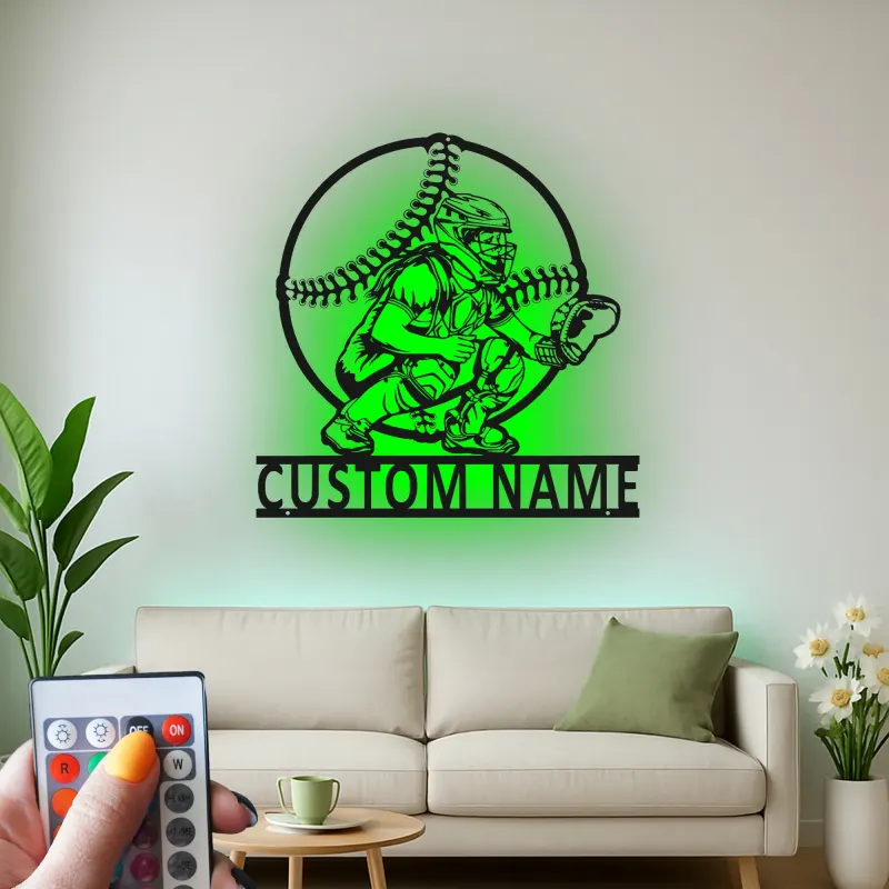 Custom Baseball Catcher Led Light Metal Wall Art Personalized Sports Gift for Baseball Fans Game Room Decor