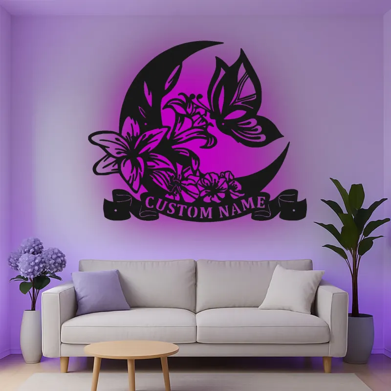 Insegna in metallo LED personalizzata con luna e farfalla - Regalo per lei, decorazione per camera da letto o nursery