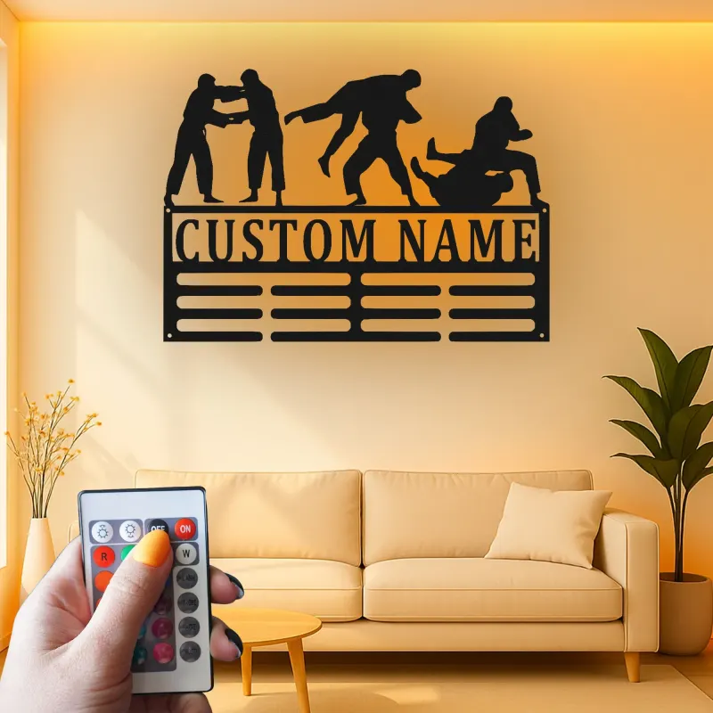 Custom Brazilian Jiu-Jitsu Led Light Metal Wall Art, Personalized Martial Arts Grappling Decor, BJJ Gift for Athletes Gym Room