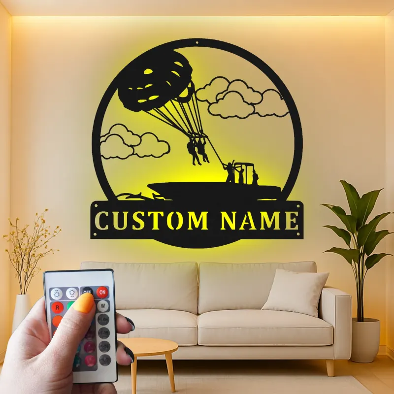 Custom Parasailing Metal Wall Art | Personalized LED Name Sign for Beach House | Nautical Boat & Lake Cabin Decor