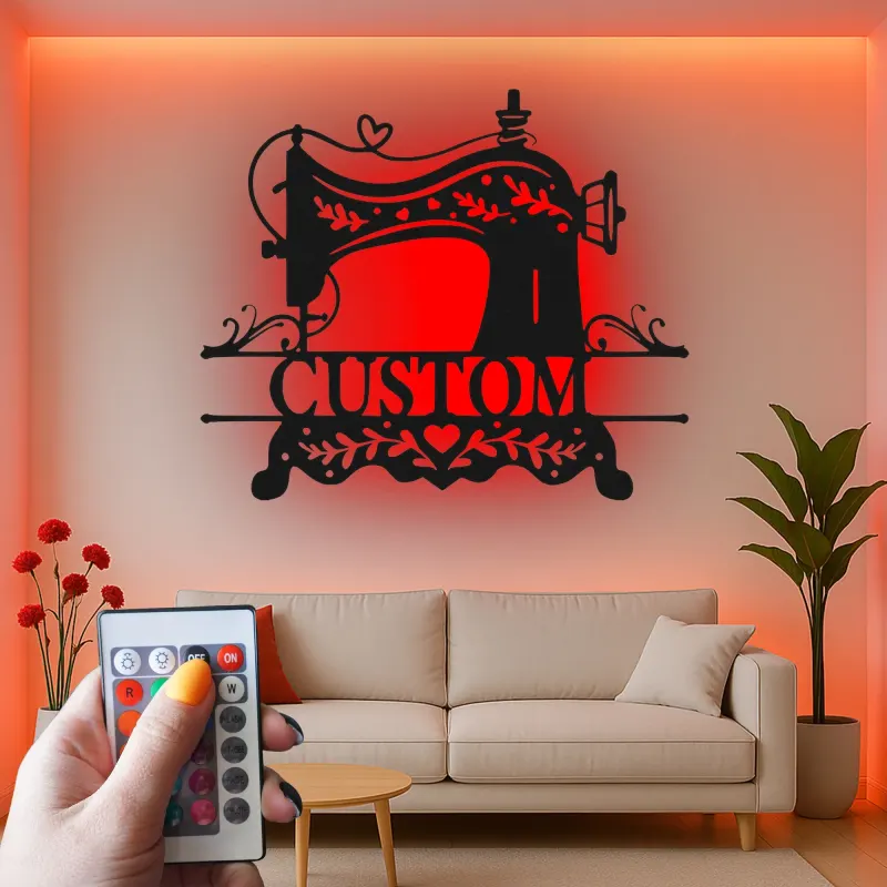 Individuelles Nähmaschinen-Schild | LED Metall-Wandkunst | Personalisierte Bastelzimmer-Dekoration für Schneiderinnen | Vintage Stil Namensschild