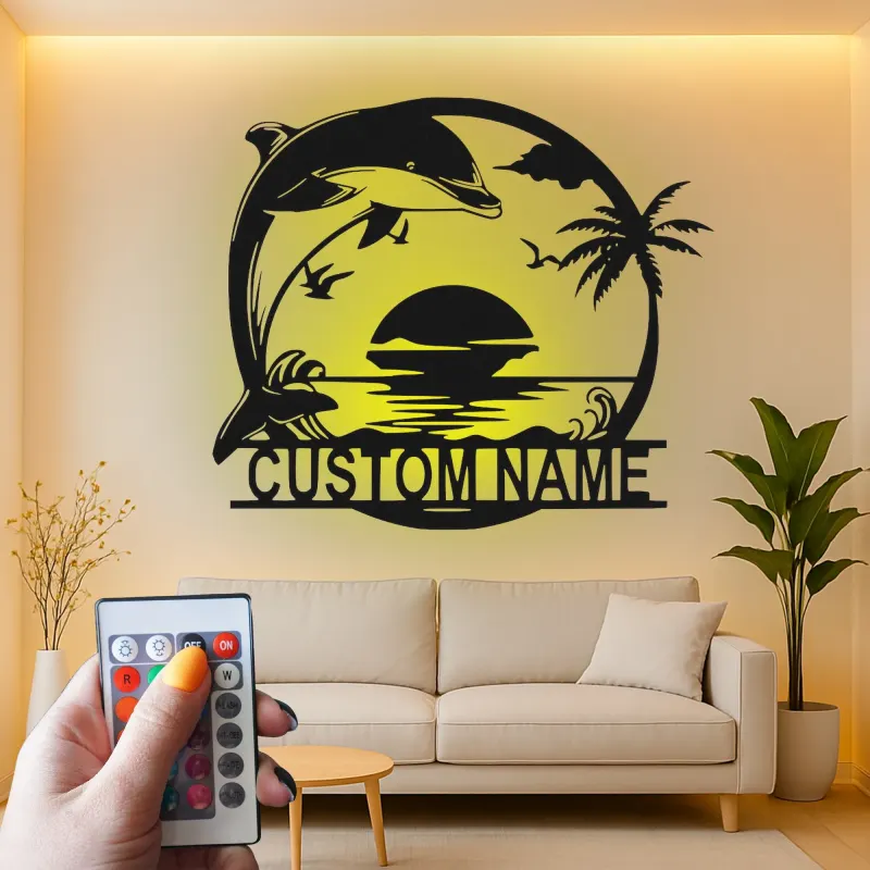 Cartel de metal personalizado con delfines al atardecer y luz LED, regalo para amantes de la playa, decoración costera para el salón