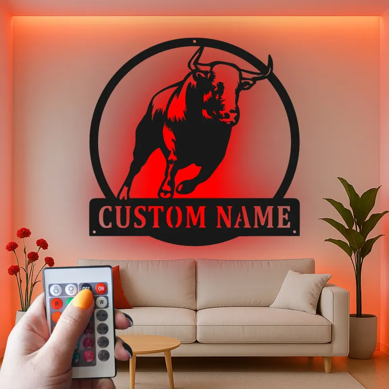 Insegna in metallo personalizzata con luce LED a forma di toro per decorare il ranch, regalo in stile western per la man cave