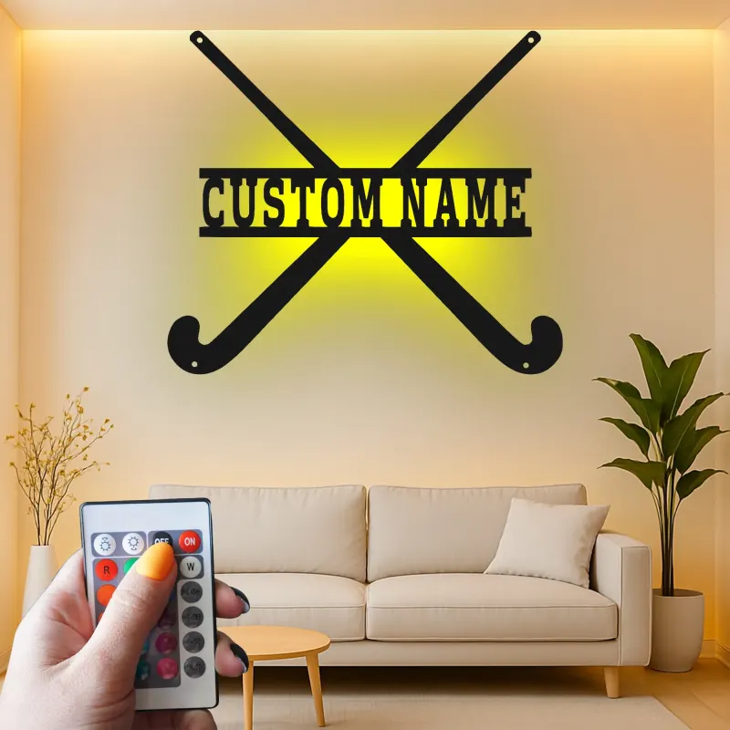 Enseigne hockey sur gazon personnalisée | Décoration murale LED en métal avec prénom | Cadeau pour athlète et déco de chambre ado