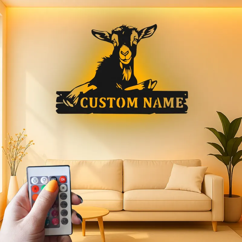 Cartel de cabra personalizado con LED | Arte mural de metal farmhouse personalizado | Decoración rústica de granero para amantes de las cabras