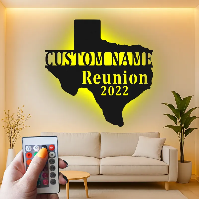 Enseigne en métal LED personnalisée Texas | Décoration murale pour réunion de famille personnalisée | Décor en silhouette d'état rustique