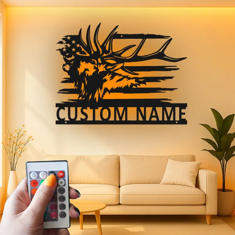 Custom Elk American Flag Led Light Metal Wall Art Personalized Gift for Hunters Rustic Cabin Decor