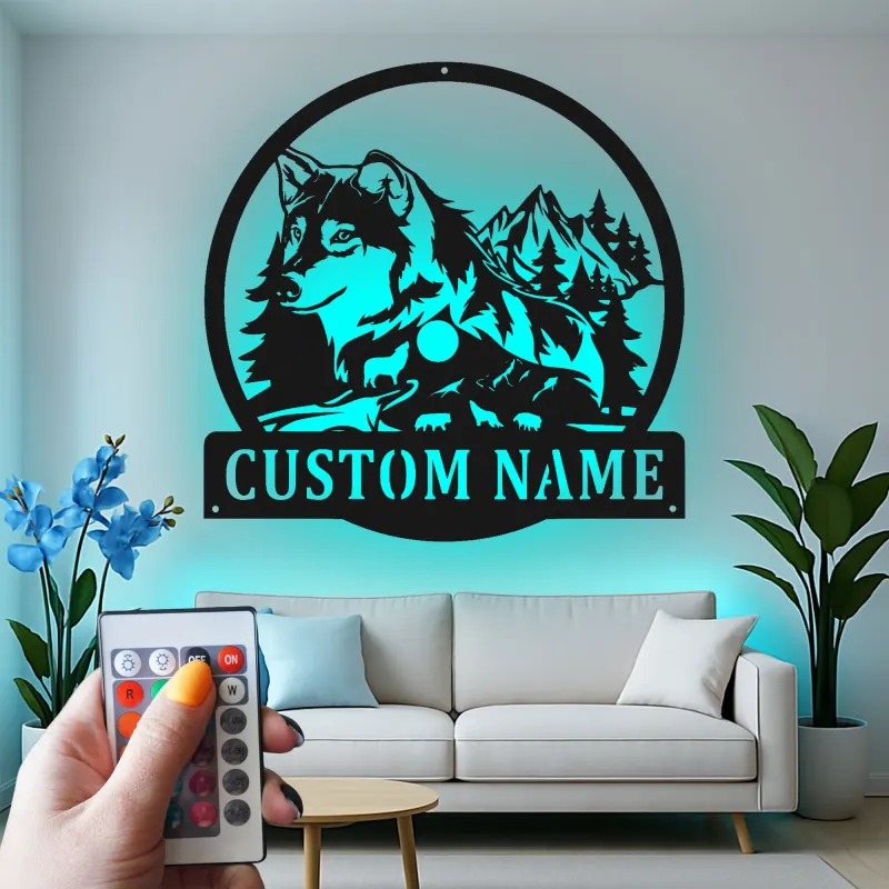 Cartel de metal personalizado de lobo y montaña con luz LED Regalo para amantes de la naturaleza Decoración rústica de cabaña