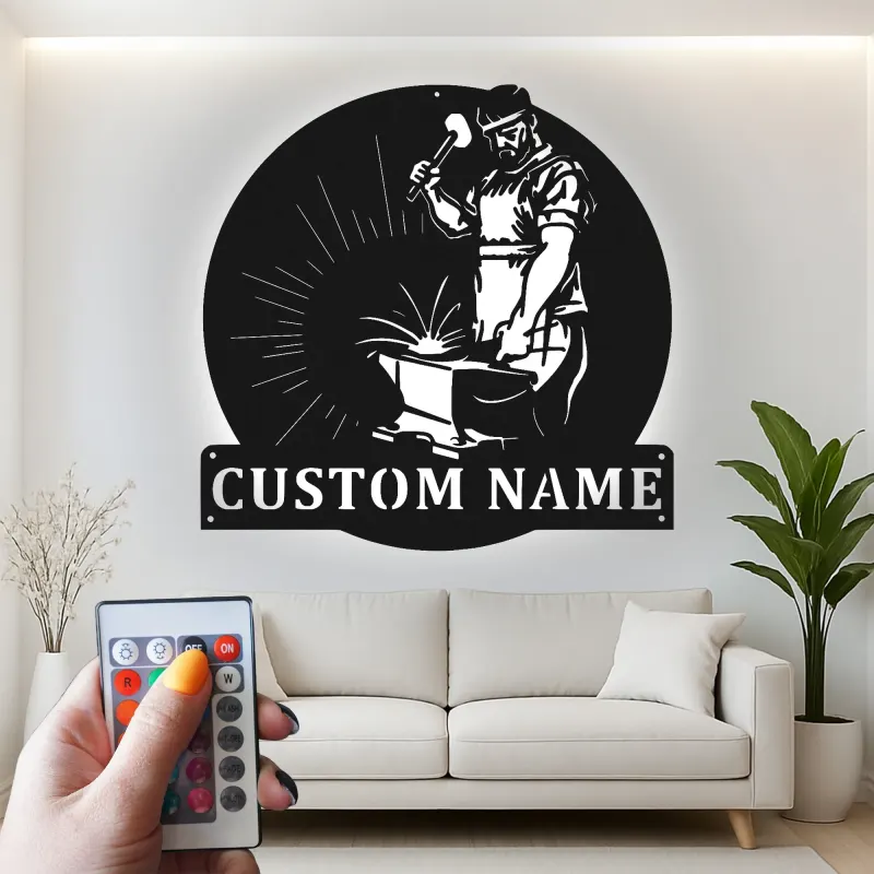 Décoration murale en métal personnalisée pour forgeron avec rétroéclairage LED - Cadeau pour artisans