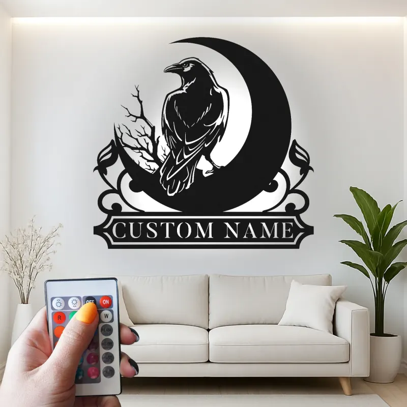 Gothic Raven Metallschild | Personalisierte Krähen LED-Wandkunst | Individuelle Hexen-Dekoration für Ihr Zuhause | Spooky Mond-Schild