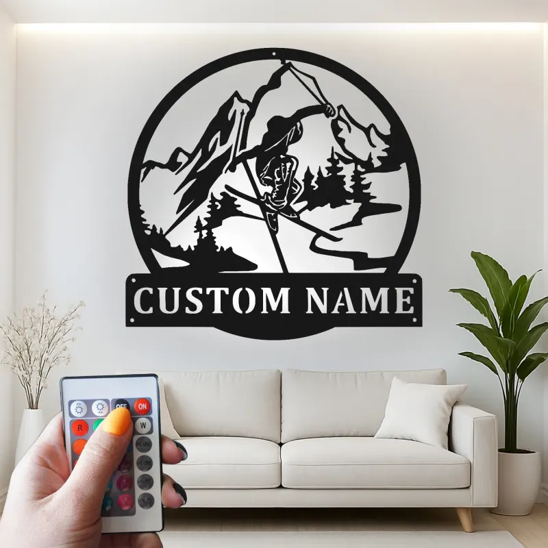 Personalized Skier Metal Sign | Custom Mountain LED Wall Art | Ski Lodge & Teen Room Decor with Name Plaque