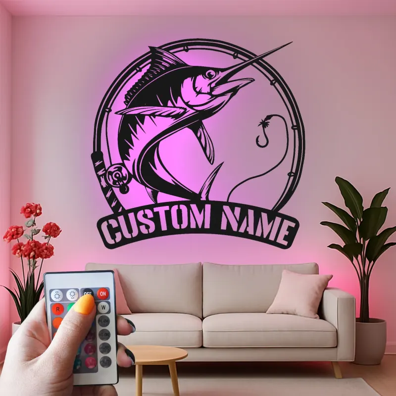 Décoration murale en métal Marlin Fish avec LED | Cadeau personnalisé pour pêcheur | Décor nautique pour man cave | Enseigne de pêche sportive