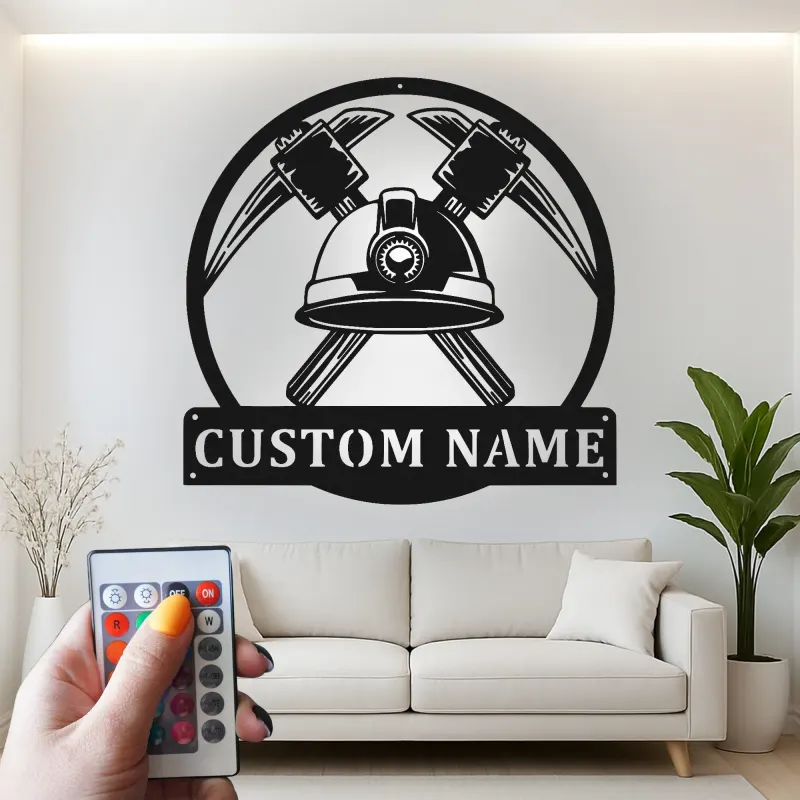 Insegna LED personalizzata per minatore di carbone | Decorazione murale in metallo personalizzata | Picconi incrociati | Regalo industriale per man cave