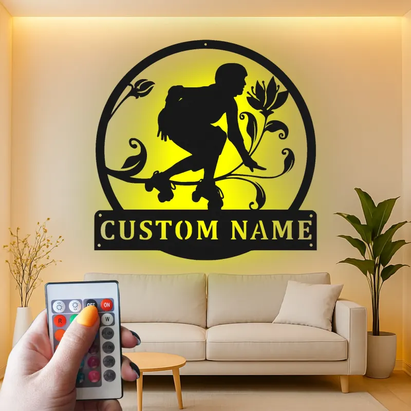 Panneau Personnalisé Roller Skate avec LED | Art Murale Métal Personnalisé pour Chambre d'Adolescent | Décor Fille Skater Floral