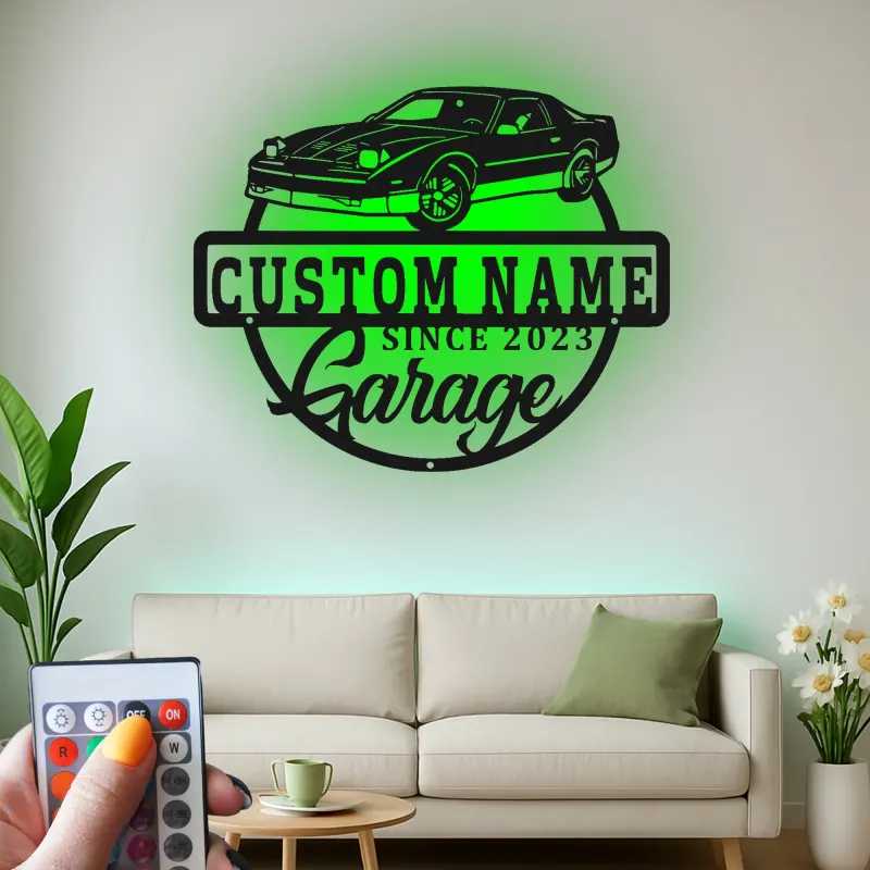Cartel de metal LED personalizado para garaje con coche, regalo personalizado para entusiastas de coches, decoración mural de garaje 2
