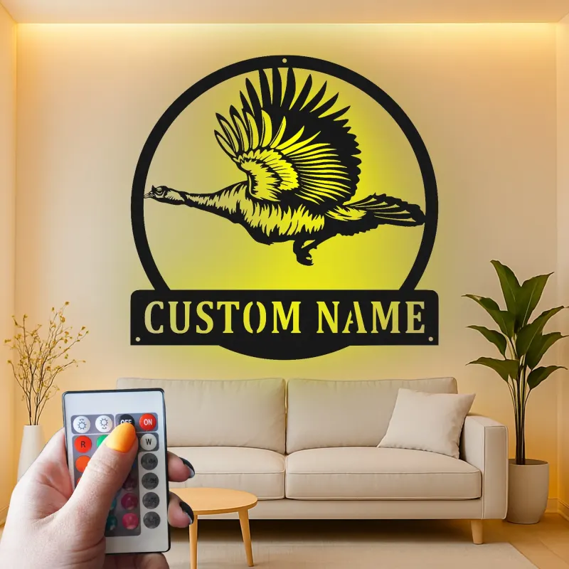 Insegna personalizzata con oca selvatica | Decorazione murale in metallo LED | Decorazione personalizzata per la caccia agli uccelli, regalo per baita e lodge