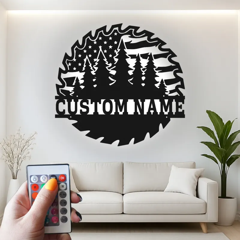 Personalized Saw Blade Metal Sign | Forest & Flag LED Wall Art | Custom Name Cabin Decor | Outdoorsman Gift for Him