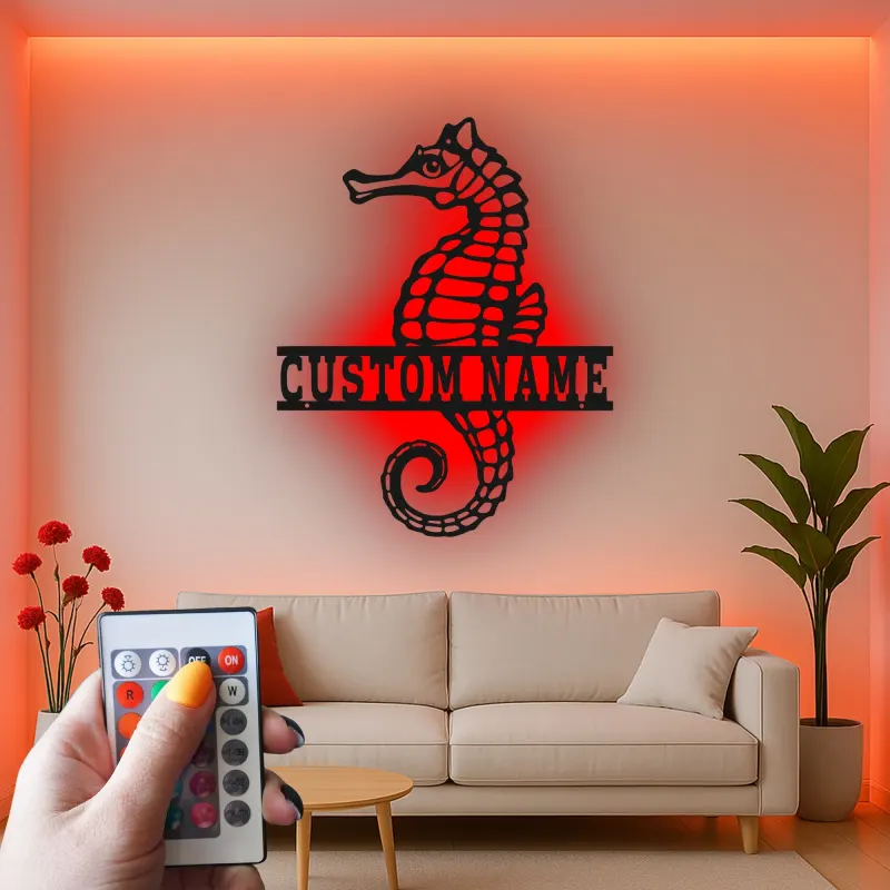 Panneau Métal LED Hippocampe Personnalisé | Décoration Murale Nautique Personnalisée | Décor Maison Côtière & Cadeau pour Amoureux de l'Océan